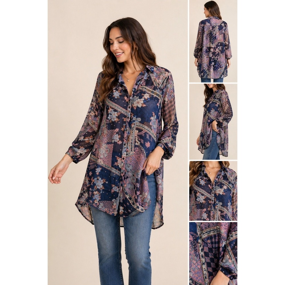 Umgee Boho Patchwork Floral Tunic Top Sz M Semi Sheer Long Sleeve Button Front
